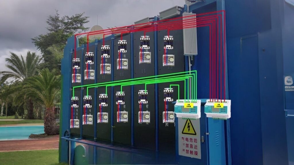 Step-by-step powering of large LED advertising screen composed of 12 panels controlled by contactors and 6-channel controllers, ensuring smooth operation and safe electricity supply.