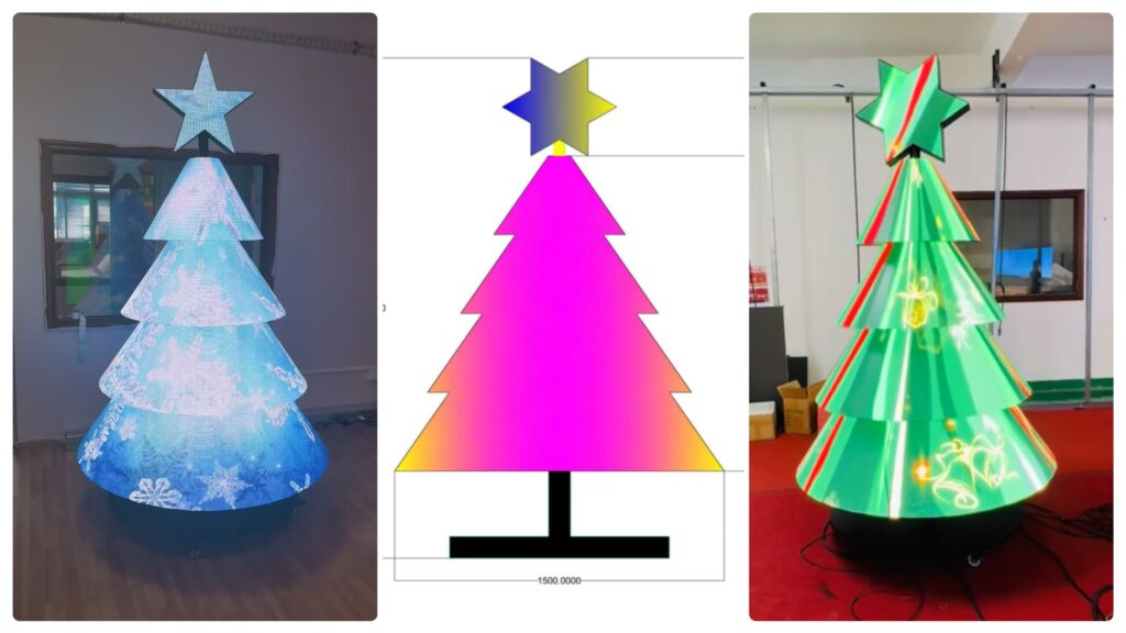 Custom LED Christmas tree screen with design blueprint and final installation view