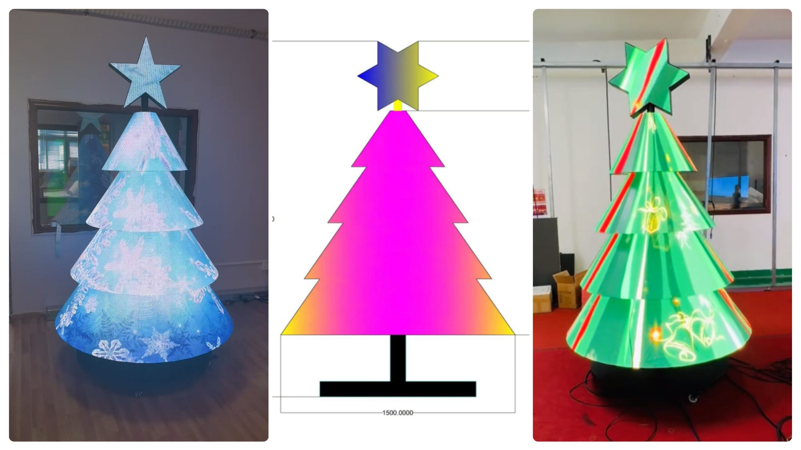 Custom LED Christmas tree screen with design blueprint and final installation view
