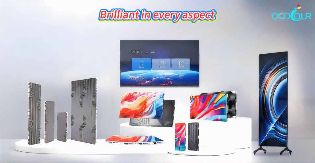 OCT3-PRO indoor LED display wall with ultra-slim cabinet design, high refresh rate 3840Hz, COB LED technology, and creative splicing for retail and corporate spaces.