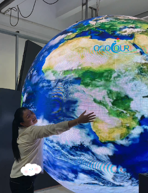Ocolour spherical LED display showing Earth map – 360-degree creative LED globe screen for exhibitions, museums, and brand showcases.