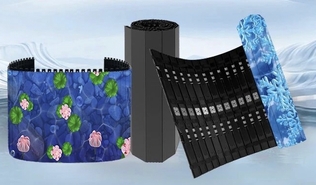 LED Interactive Magic Carpet Screen laid in a shopping mall atrium, showing dynamic colorful patterns when customers step on it - ultra-thin 18mm & 17kg/sqm lightweight flexible design